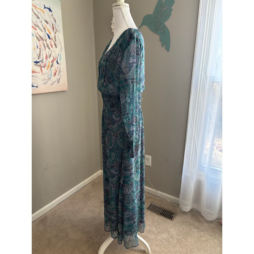 Soft Surroundings fairycore bluegreen maxi dress sheer overlay ruched sz M boho - Picture 6 of 11
